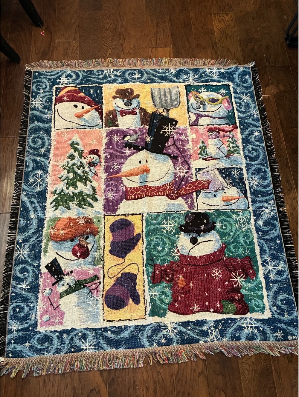 Vintage 90s Goodwin Weavers Snowman Tapestry Blanket Throw Woven Fringe USA